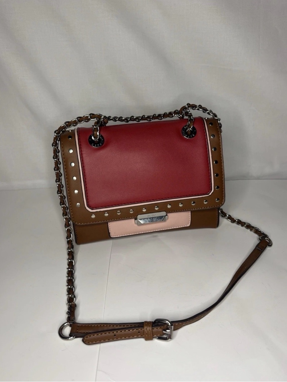 BCBG Colorblock Studded Shoulder Bag in Red, Brown & Pink